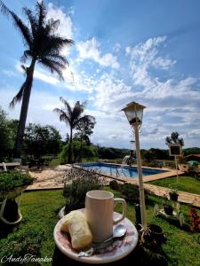- une tasse de café et une assiette de nourriture au bord de la piscine dans l'établissement Pousada São Sebastião, à São Sebastião do Rio Verde