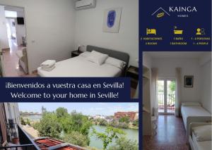 un collage de dos fotos de una habitación con cama en Almona junto al río - Kainga Homes, en Sevilla