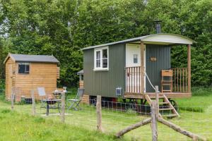 a green tiny house in a field with a table at Moss Shepherd's Hut by Bloom Stays in Egerton