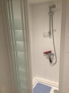 W łazience znajduje się prysznic z niebieskim dywanem. w obiekcie COMME SUR UN BATEAU FACE À LA MER w mieście Agon-Coutainville
