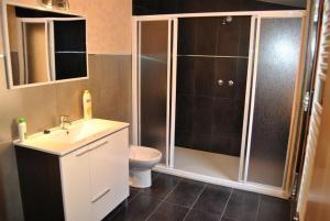 a bathroom with a shower and a sink and a toilet at Holiday home Casa las Margaritas in Salamanca