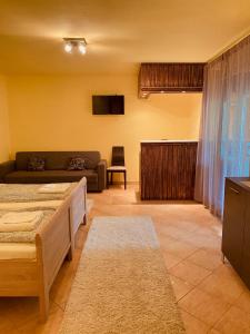 uma sala de estar com duas camas e um sofá em Sailor's Apartman em Siófok