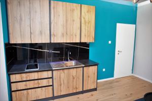 une cuisine avec des armoires en bois et un évier dans l'établissement Apartman Lana, à Mostar