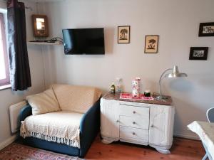 a living room with a chair and a tv on the wall at La Maison Vigneronne in Riquewihr