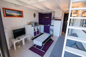 a living room with purple cabinets and a television at Appartement Seignosse le Penon/plage in Seignosse