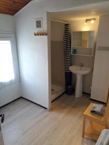 een badkamer met een wastafel, een douche en een toilet bij Appartement 62 m2 1er etage avec jardin au rdc in Saint-Génis