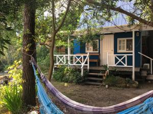 a blue house with a hammock in front of it at No Estamos Locos in Piriápolis