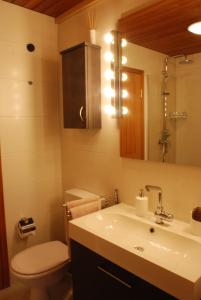 フュッセンにあるHaus Ambiのバスルーム(洗面台、トイレ、鏡付)
