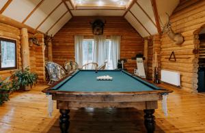 a room with a pool table in a log cabin at Hunter's Lodge in Padure
