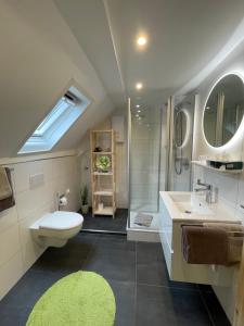 La salle de bains est pourvue de toilettes, d'un lavabo et d'une douche. dans l'établissement Hotel Garni Maaß, à Braubach