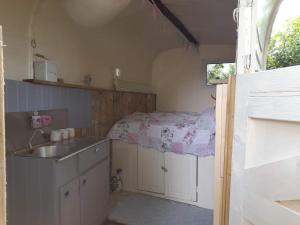 a small kitchen with a sink and a bed at South View Shepard Hut 