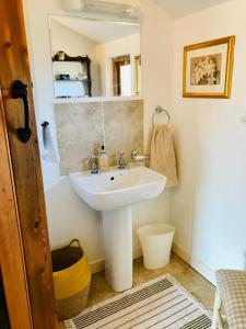 bagno con lavandino bianco e specchio di The Cottage, Winley Farm a Bromyard