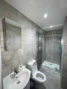 y baño con aseo, lavabo y ducha. en Double room with private bathroom in Basingstoke en Basingstoke