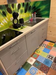 a kitchen with a sink and a counter top at La Souricière in Silenrieux