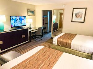 um quarto de hotel com uma cama e uma secretária com uma televisão em Eleven Boutique Hotel LLC em Emporia