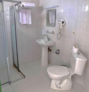 a bathroom with a toilet and a shower and a sink at Victoria Princess Apart Hotel in Side