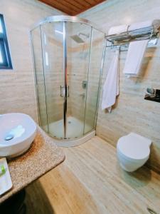 阿尔莫拉Boros Resorts Binsar的带玻璃淋浴和卫生间的浴室