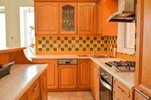 a kitchen with wooden cabinets and a stove top oven at Artemis House in Agios Georgios Pagon