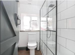 a bathroom with a toilet and a glass shower at Lavender Cottage in Mattishall