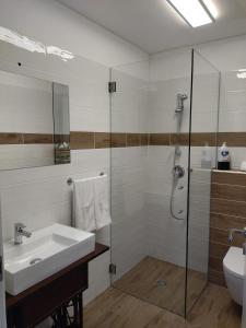La salle de bains est pourvue d'un lavabo, d'une douche et de toilettes. dans l'établissement Ferienwohnung Schnalstal " Die Schneiderei ", à Senales