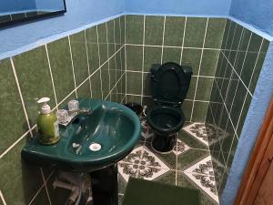 a bathroom with a green sink and a toilet at Casa " MARY " in Lanquín