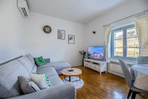 ein Wohnzimmer mit einem Sofa und einem TV in der Unterkunft Ponte Apartment in Orasac