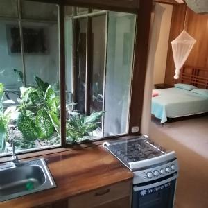 a kitchen with a stove and a sink and a window at La Casa Fitzcarraldo in Iquitos