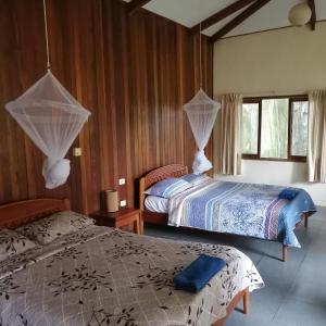 a bedroom with two beds and a window at La Casa Fitzcarraldo in Iquitos