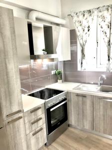 a kitchen with stainless steel appliances and a sink at NICOL APARTMENS in Preveza