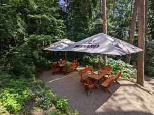 two people sitting at a table under an umbrella at Penzion Jezero in Vranov nad Dyjí