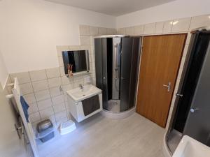 a bathroom with a shower and a sink and a refrigerator at Penzion Jezero in Vranov nad Dyjí +37 photos