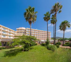 a hotel with palm trees in a park at Invisa Hotel Es Pla - Adults Only in San Antonio