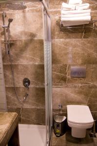 a bathroom with a shower with a toilet and a sink at Kerimbey Hotel in Gemlik