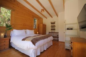 um quarto com uma cama e uma televisão em Cabañas en la naturaleza a pasos de la Playa em La Serena