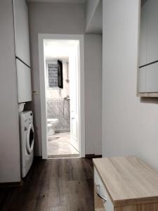 eine Küche mit Waschmaschine und Trockner und ein Badezimmer in der Unterkunft Tanners' Bridge Apartments in Tirana