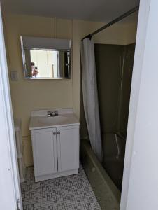 a bathroom with a sink and a shower and a mirror at 7 Beachside inn in Hampton