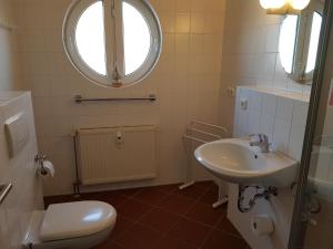 a bathroom with a sink and a toilet and a mirror at Störti's Nr 9 in Baabe