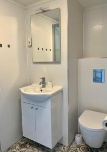 ein weißes Bad mit einem Waschbecken und einem WC in der Unterkunft B&B De Nicolaas in Brouwershaven