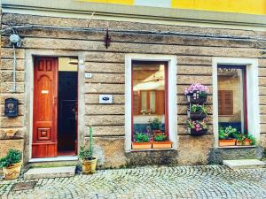 a building with two windows and a door and flowers at La Vecchia Posta B&B in Calangianus