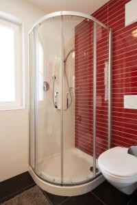 a glass shower in a bathroom with a toilet at Apartment Romana in Selva di Val Gardena