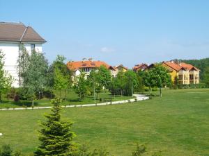zielony dziedziniec z domami w tle w obiekcie Birdland Panorama Apartman w mieście Bük