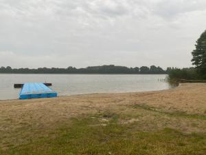 um barco azul sentado na margem de um lago em Leśny Zakątek em Dźwierszno Małe