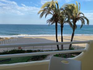 a balcony with a view of the beach and palm trees at Apartamento Las Mimosas Beach 2 in La Cala de Mijas