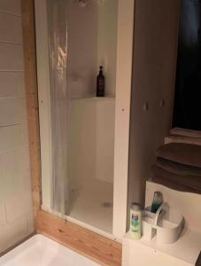 y baño con ducha y puerta de cristal. en Van Camping - Do Something Different!, en Landrum