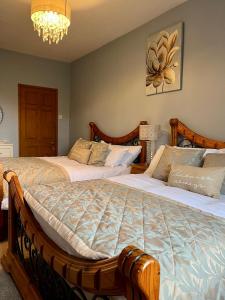 a bedroom with two beds and a chandelier at Aberhiriaeth Hall - Country House By River Dyfi in Cemmaes