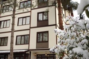 a building with snow covered trees in front of it at Diamond Park Hotel in Safranbolu