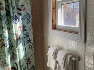 a bathroom with a shower curtain and a window at Hôtel-Motel Rocher Percé in Perce +149 photos