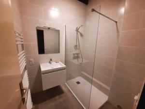 a bathroom with a shower and a sink at Villa Patio Duplex Calme, Proche Plage et Commerces, Idéale pour 4 Pers. - FR-1-239-237 in Seignosse +9 photos
