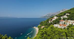 una vista aerea di una spiaggia con barche in acqua di Villa Petra a Brela