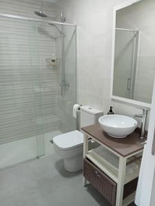 een badkamer met een toilet, een wastafel en een douche bij Apartamentos Costa San Esteban in San Esteban de Pravia